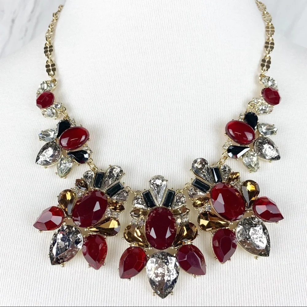 Lydell NYC‎ Statement Bib Necklace Gold Red Crystal Rhinestone Art Deco Glam